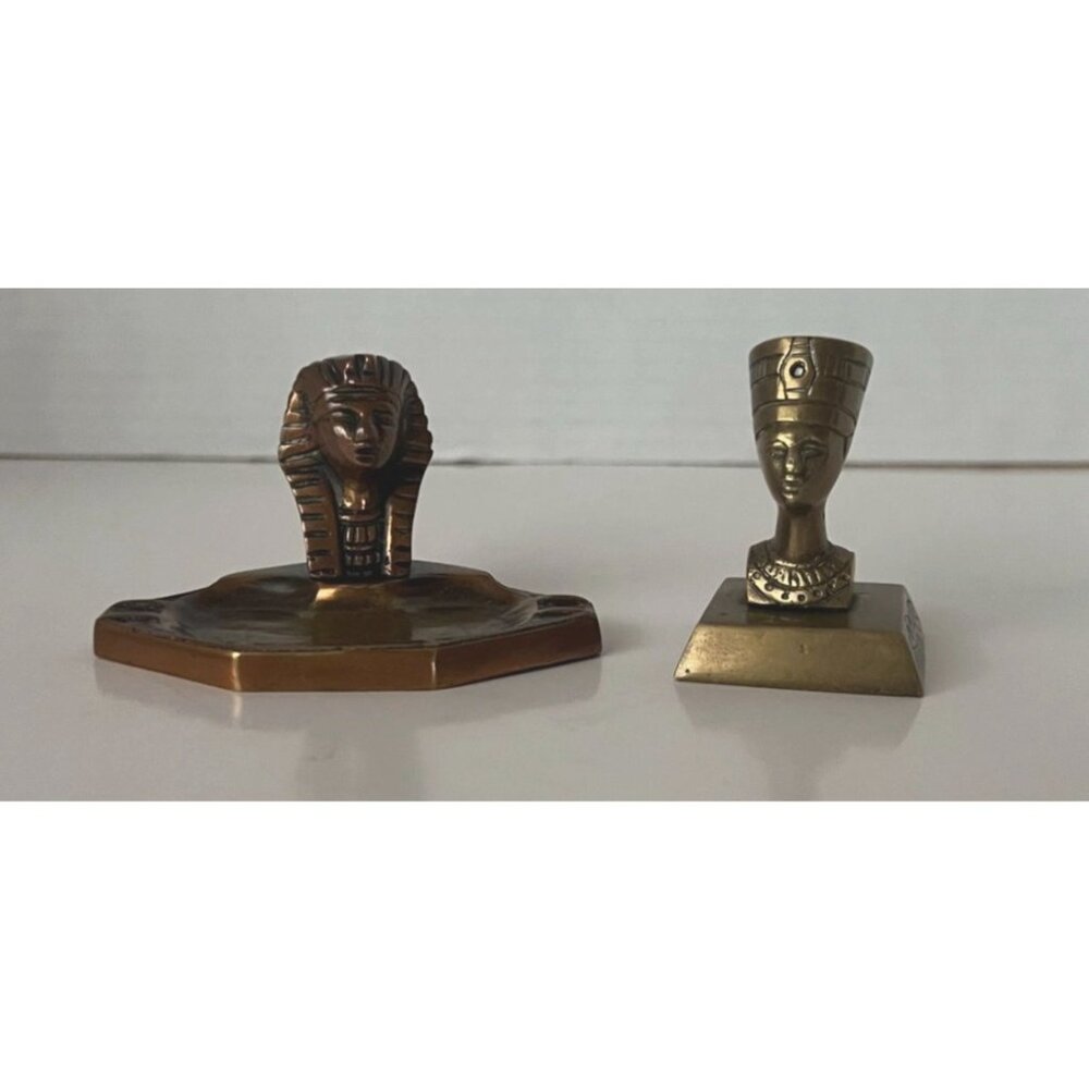 Vintage Egyptian Pharaoh & Queen Brass Figurines Miniature Collectibles - Picture 1 of 15